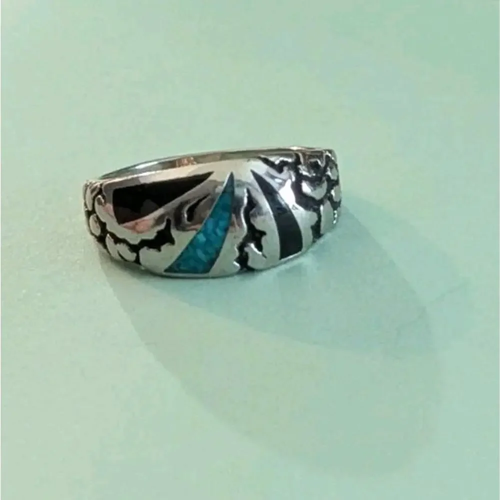 Vtg COP Silver Tone Inlay Ring Faux Turquoise Black Onyx Mens 12.5 Southwestern